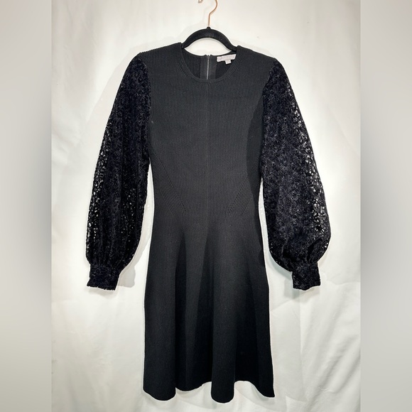 $1495 Lela Rose Black Flocked Lace Blouson Sleeve Dress - Picture 3 of 7